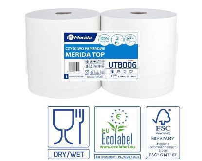 Obrazek Czyściwo papierowe MERIDA TOP 24, długość 300 m, dwuwarstwowe, BIAŁE, zgrzewka 2 sztuki, ECOLABEL