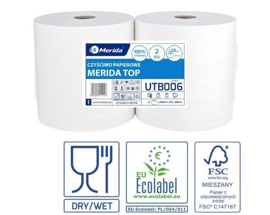 Obrazek Czyściwo papierowe MERIDA TOP 24, długość 300 m, dwuwarstwowe, BIAŁE, zgrzewka 2 sztuki, ECOLABEL