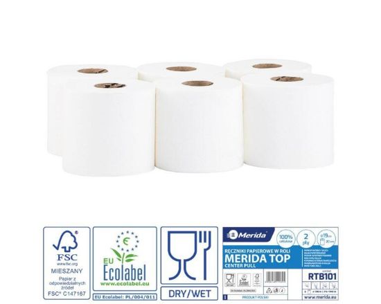 Obrazek Ręczniki papierowe w roli MERIDA TOP MAXI, białe, średnica 19 cm, długość 158 m, dwuwarstwowe, zgrzewka 6 rolek, ECOLABEL